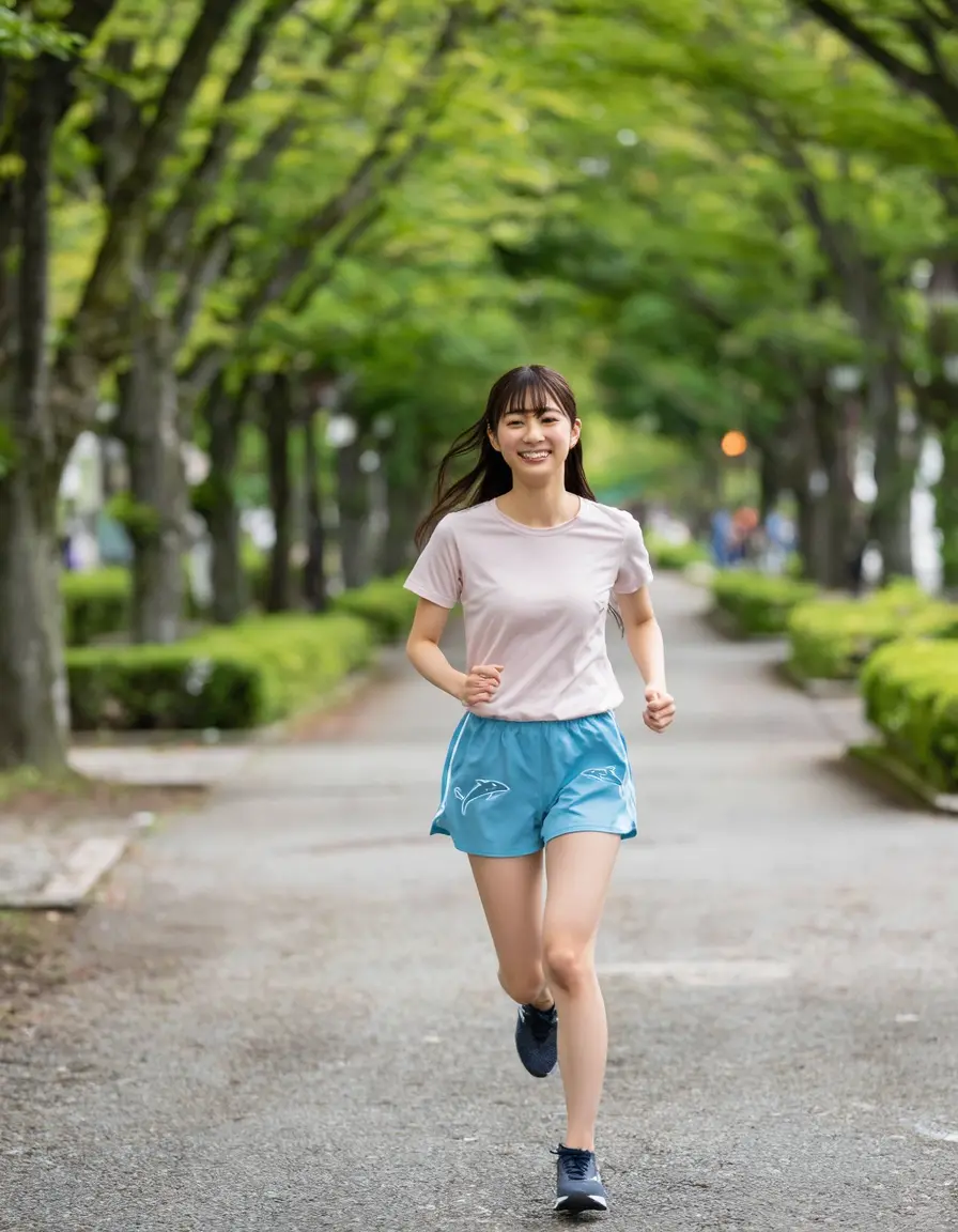 公園でジョギングしている女性の写真